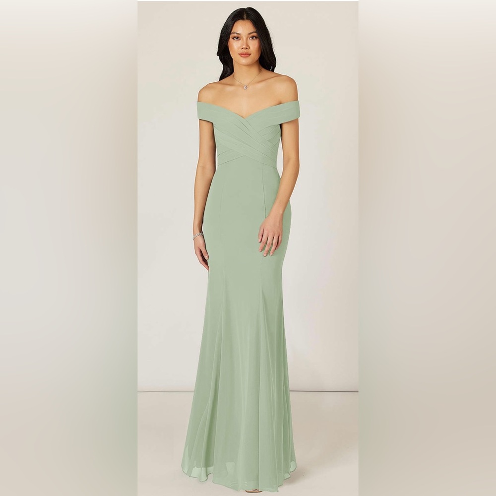 Azazie Lecia Empire Off the Shoulder Chiffon Dress in Dusty Sage Size 0
